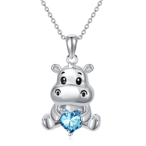 Image of PROESS Animal Birthstone Necklace 925 Sterling Silver Otter /Axolotl /Hippo /Elephant /Dachshund /Monkey /Red Panda Pendant Necklace Animal Birthstone Jewelry Gifts for Women