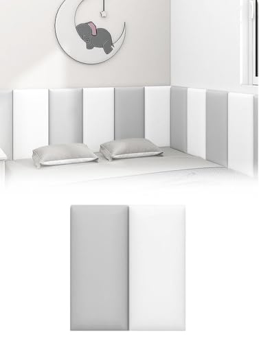 MUMUXIAO Acolchado de pared tapizado 3D de 20 x 50 cm, paquete de 2 paneles de pared anticolisión, 3 cm de grosor, autoadhesivo, cojín de pared para cabecero de dormitorio (gris blanco)