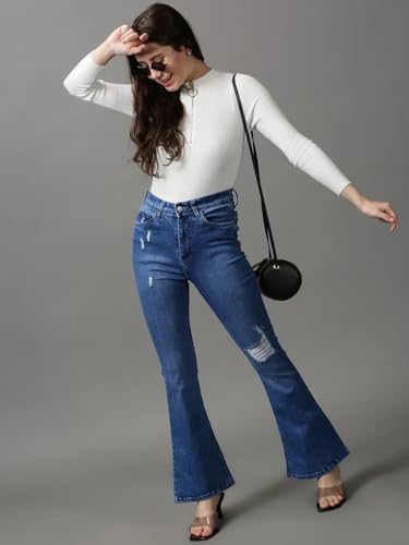 Image of SHOWOFFFF Women Bootcut Fit Jeans | Denim Jeans for Womens | Mid-Rise Regular Length Jeans for Women's