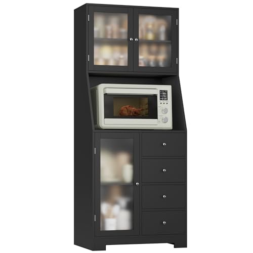 HOCSOK Alacena de Cocina con Encimera, Armario de Almacenamiento Alto con 3 Puertas y 4 Cajones para Salón, Comedor y Bar, Estilo Moderno, Negro
