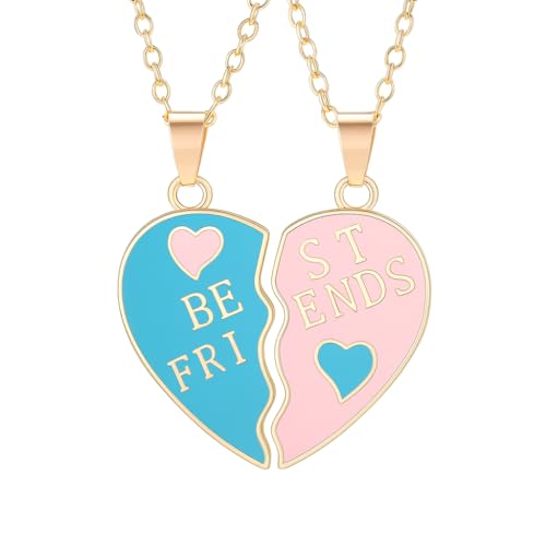 Best Friends - Collares con colgante de corazón dividido, esmalte rosa y azul, juego de 2 piezas de opciones de oro o plata, regalo para mejores amigos