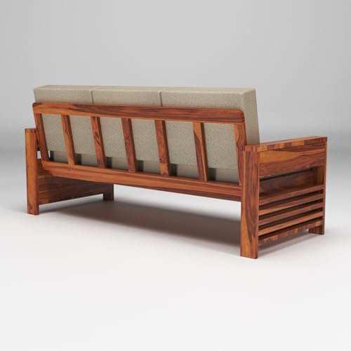 Image of Sheesham Wooden 3 Seater Sofa for Living Room | Rosewood 3 Seater Cushion Sofa with Side Teapoy for Home & Office | Solid Wood Sofa Set for Lounge (Honey,Grey,3 Seater)