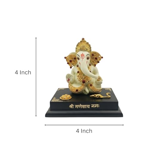 Image of Ganesha Idol for Home Decor | 4 Inch Golden Ganpati Murti with Stone Work | Resin Ganesh Ji Idol for Car Dashboard, Office Desk & Pooja Room | Vastu Decorative Statue (172g)