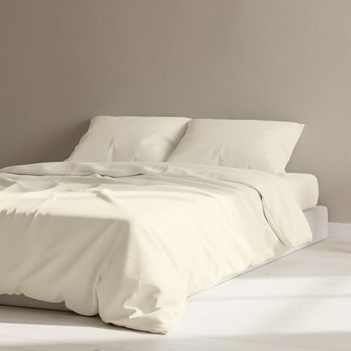 Image of The Linen Company NY 100% Cotton Percale – Double Duvet Cover, Light, Cool & Crisp Hotel Feel, Breathable, Skin-Friendly, Lightweight, Temperature-Regulating Bedding for Comfortable Sleep (Ivory)