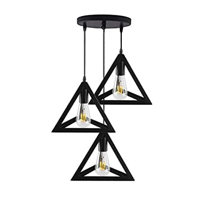 Image of JACKAL 3 Set Vintage Triangle Shape Pendant Light | Hanging Ceiling Light with Braided Cord | Decorative, Fancy Lights for Home, Living Room, cafe, Restaurants & Bar (Black) - with Bulb