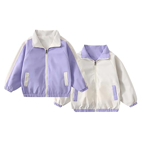 Baby Girls Reversible Jacket Lapel Zip 𝗖olor Block Windproof Outerwear Lightweight Raincoat with Pocket