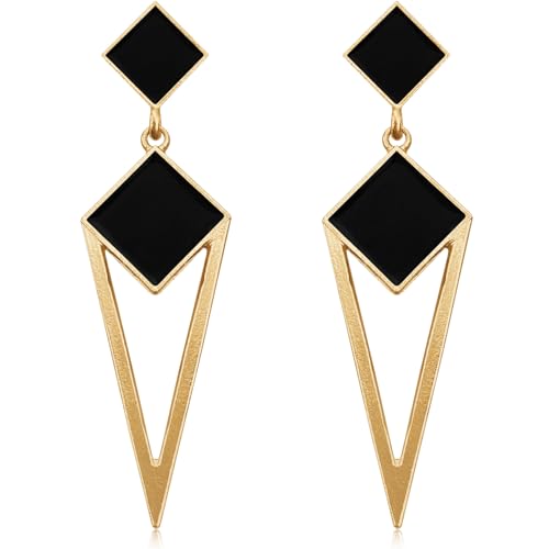 14k Gold Enamel Hollow Triangle Dangle Drop Earrings Black Square Geometry Stud Earrings For Women