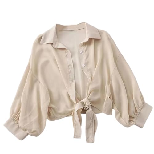 Genérico Blusa Informal Holgada de Gasa con Botones Delanteros, Cuello Vuelto, Manga Corta y Detalle de Lazo en la Cintura para Mujer (Caqui Mediano)