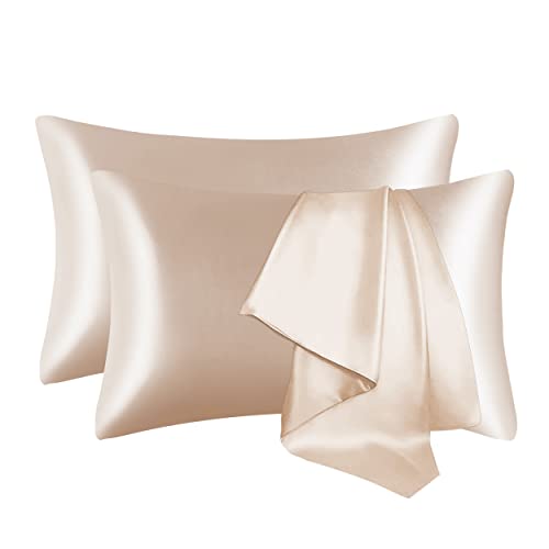 La Mejor Recopilación de Fundas de almohadas favoritos de las personas. 42 GVTECH Fundas de Almohada de Satén (Paquete de 2), Funda de Almohada para Cabello y Piel Lujo Suave Transpirable Estándar Tamaño Queen con Cierre de sobre, 50 x 75 cm (Champán)