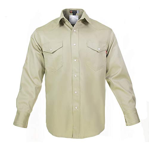 Flame Resistant Welding Shirt - 100% C - 9 oz (Small, Khaki)