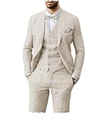 AeoTeokey Herren Leinen Anzug 3 Stück Sommer Strand Retro Hochzeit Prom Anzug Jacke Blazer Bräutigam Smokings(Beige,XXL)