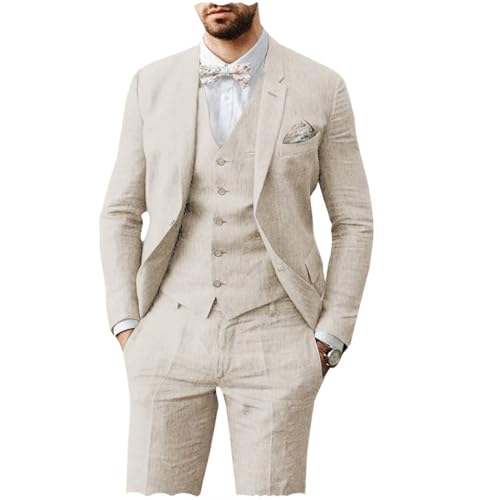 AeoTeokey Herren Leinen Anzug 3 Stück Sommer Strand Retro Hochzeit Prom Anzug Jacke Blazer Bräutigam Smokings(Beige,M)