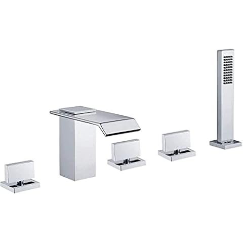 Yalsfowe Waterfall Tub Tap Chrome, Bath Tap with Handheld Shower, Brass Bath Shower Mixer Tap, 5 Holes 3 Handles Deck Mounted Bathtub Faucet Cover