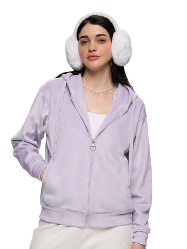 Veste mauve en velours pour femmes et filles avec fermeture éclair et capuche - The Souled Store