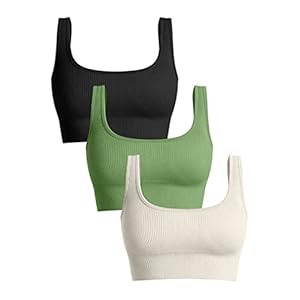 OQQ Women’s 3 Piece Medium Support Tank Top Ribbed Seamless Removable Cups Workout Exercise Sport Bra Black Green Beige
