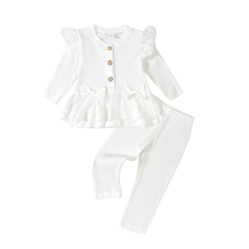 Spring Outfits Girls Knit Pullover Top Ruffle Long Sleeve T Shirts with Bowknot Full Length Legging Pants Set