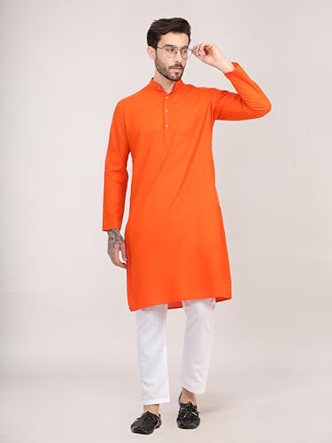 Image of HUZUR Men's Cotton Full Sleeve Long Knee Length Kurta Pajama Comfortable Wear for Festival and Occasion like Holi,Diwali,Eid,Haldi,Mehendi and Wedding
