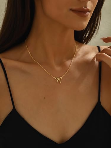 Gold Bow Necklace for Women - 14K Gold Plated Dainty Gold Necklace Cute Small Tiny Bow Pendant Choker Chain Necklace Trendy Necklaces Chrismast Gifts ffor Women Gold Jewelry 7