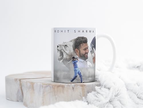 Image of Cricket Theme Ceramic Coffee Mug, MS Dhoni and Virat Kohli Fan Art Print (Sports Lover) (5-Rohit Sharma, Large)