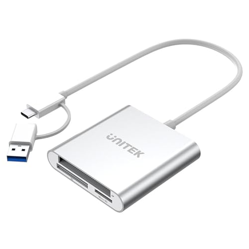 UNITEK Lecteur de Cartes All in One Adaptateur USB 3.0 + USB C, 5 Gbps, 3 Slots pour SD/Mini SD/Micro SD(TF)/CompactFlash (CF)/MS pour Windows PC, Mac, Notebook et TV, Argent, Aluminium