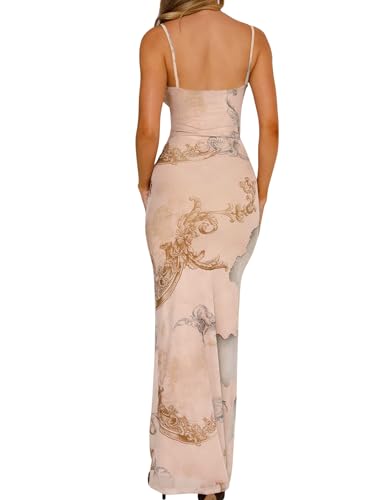 Image of Womens Sexy V Neck Satin Maxi Dresses Spaghetti Strap Floral Print Dresses Slim Fit Elegant Long Dresses Night Party Outfits