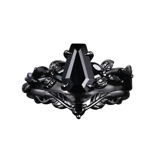 Customized Natural Black Onyx Engagement Ring Set for Women, 925 Silver/10K 14K 18K Gold Vintage Art Deco Leaf Bridal Wedding Ring Set Black Gold Gemstone Rings Jewelry Gifts for Her