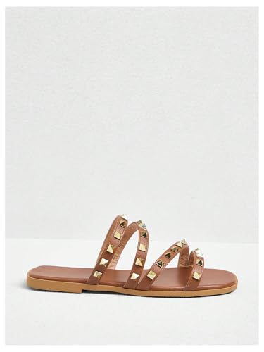 OYOANGLE Women's Studded Strappy Leather Slide Sandals Square Open Toe Slip on Flat Sandal4