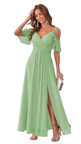 Stylefun Chiffon Cold Shoulder Sage Bridesmaids Dress for Women Long Formal Gowns and Evening Dresses with Slit 14