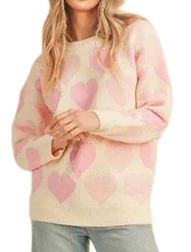 Image of Women Heart Print Knit Pullover Sweater Long Sleeve Round Neck Love Pattern Sweaters Trendy Valentine Knitted Sweater