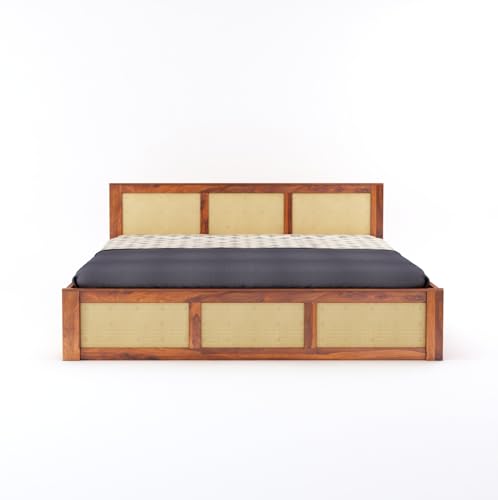 Image of Solid Sheesham Wood Queen Size Bed with Box Storage for Bedroom Home Living Room Hotel Wooden Double Bed Cot Palang Furniture (Honey Finish)