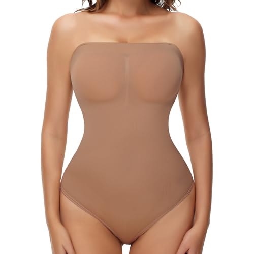 Image of Women's Strapless Shapewear Bodysuit Seamless Tummy Control Triangle Body Shaper Removable Straps Summer Tube Tops