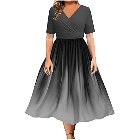 Damen Plus GrößE Gradient Saum Swing Kleid S-5XL Kurzarm V-Ausschnitt Solide Crop Top Patchwork Farbverlauf GroßE Saum Unterhalb des Knies Prom Kleid Partykleid Frauen MäDchen Umstandskleider Cover