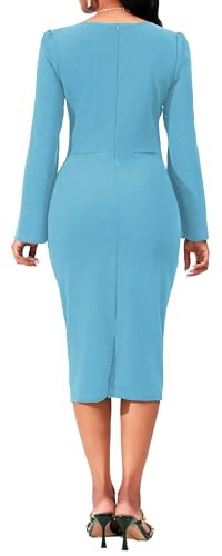 Image of Dresses for Women Elegant Long Sleeves Ruffles Pencil Knee Length Split Business Dress with Belt Zipper