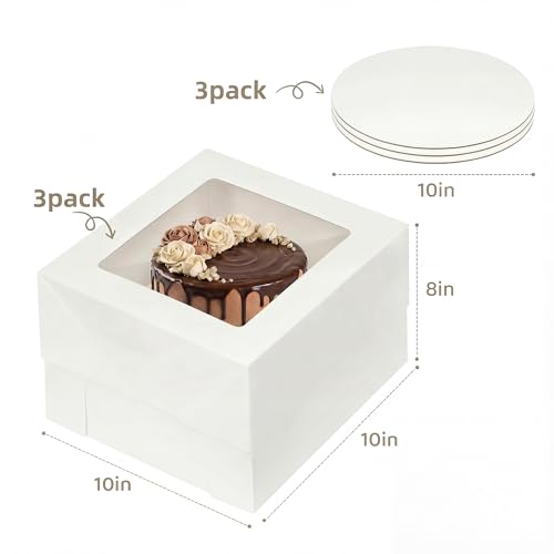 PNSXING 3-Pack Cake Boxes - 10x10x8 Inches White Square Bakery Containers with Window and Lids for Pastries, Donuts, Pies, and Cookies - Image 2