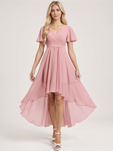 Xijun Women's High Low Chiffon Bridesmaid Dresses Short V Neck Formal Dress Ruffle Sleeves Evening Party Gowns3