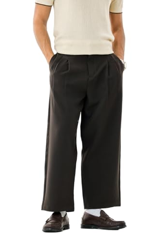 Image of SNITCH Men Casual Trousers | Baggy Fit Wide-Leg Design with Pleated Front & Button Closure | Durable Polyester Blend & Medium-Stretch Fabric for Summer Wear