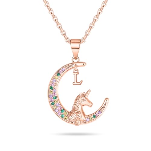 Unicorn Necklace Gifts for Girls - Colorful CZ Moon Pendant Initial Necklace for Girls Kids Jewelry Unicorn Necklaces for Little Girl Teens Birthday Gifts