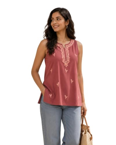 Image of QAZMI Women's Laiba Kashmiri Embriodered Sleeveless Short Kurti