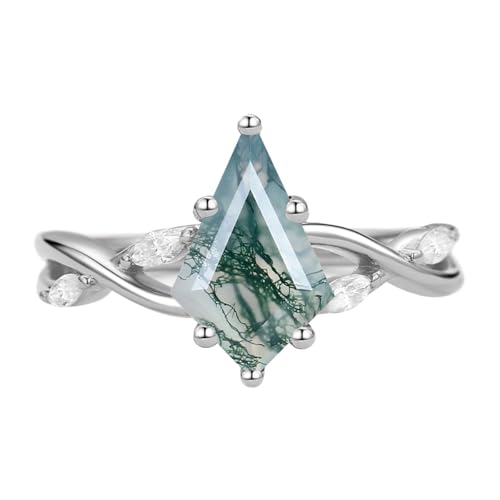 Aihpos 1ct 1.5ct 2ct Moss Agate Engagement Ring - Kite Cut Moss Agate Rings for Women White Yellow Rose 10K 14K 18K Gold Sterling Silver Gemstone Anniversary Proposal Ring for Her