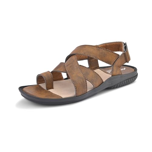 Image of Centrino Men's Sandals | Brown /Tan Textured Cushioned Sole Casual Leather | Strap Sandal with Adjustable Buckle | Comfortable Casual Footwear for Summer Office Travel (9574)