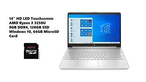 Hp 14" Hd Led Touchscreen Laptop, Amd Ryzen 3 3250U Up To 3.5Ghz, 8Gb Ddr4, 128Gb Ssd, Bluetooth, Wi-Fi, Hd Webcam, Hd Audio, Media Card Reader, Usb 3.1-C, Hdmi, Windows 10, 64Gb Abys Micro Sd Card #TOP2