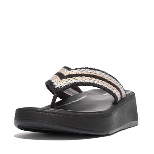 FitFlop F-Mode Crochet Flatform Toe Post Sandals Black 6 M (B)