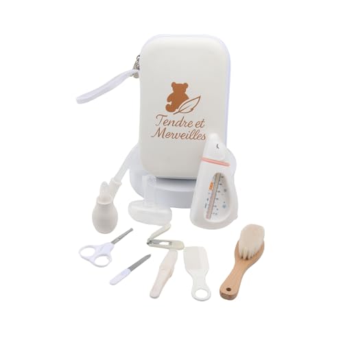 Trousse de Soin Bébé - kit complet indispensable 10 accessoires sans BPA - Brosse en bois, Cadeau de Naissance | Tendre et Merveilles