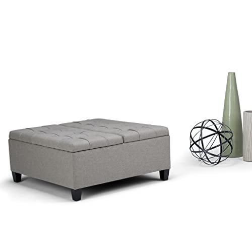 Simplihome AXCOT-265-LGL Harrison 36 Inch Wide Square Coffee Table Lift Top Storage Ottoman In Upholstered Dove Grey Tufted Linen Look Fabric thumb #2