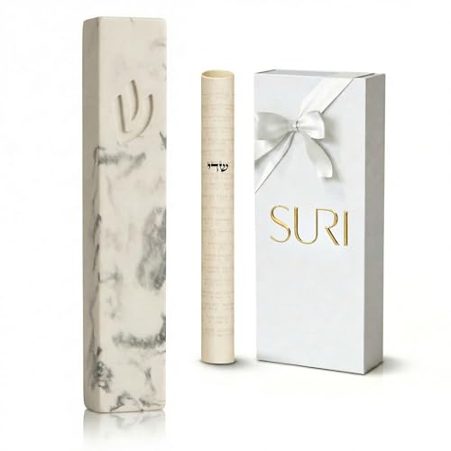 Image of SURI Mezuzah for Door - 5 Inch Marble Off-White Concrete Mezuzah Case with Non Kosher Scroll, Self-Stick Jewish Entry Design, Fits a 4 Inch Scroll, Gift Box Included