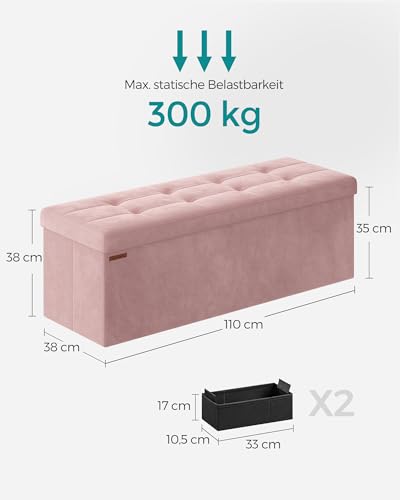 SONGMICS Sitzhocker mit Stauraum, klappbare Sitzbank, 38 x 110 x 38 cm Fußbank, Aufbewahrungsbox, bis 300 kg belastbar, für Wohnzimmer Schlafzimmer Flur, pastellrosa LSF277R01