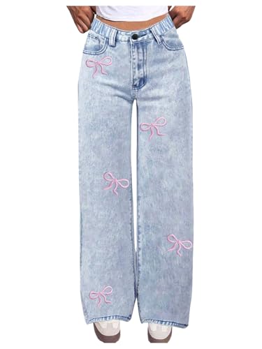 WDIRARA Girl's Bow Embroidered Baggy Jeans High Waisted Straight Leg Denim Pants