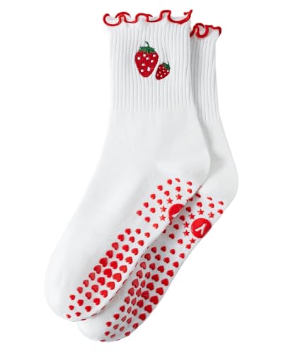 Image of Yawlsow Cute Pilates Grip Socks for Women Ruffle Frilly Yoga Socks Non Slip Cotton Crew Grippy Sock for Barre Workout