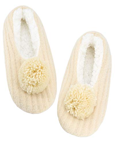 Panda Bros Womens Slipper Socks With Pom Pom Plush Lined Cozy Soft Non Slip House Slippers(Cream, 8-10)