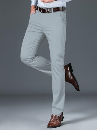Image of AVANOVA Men's Light Grey Solid Trousers Light Business Style Slightly Stretch Straight Leg Pants for Outdoor Casual Daily (Trouser 127)